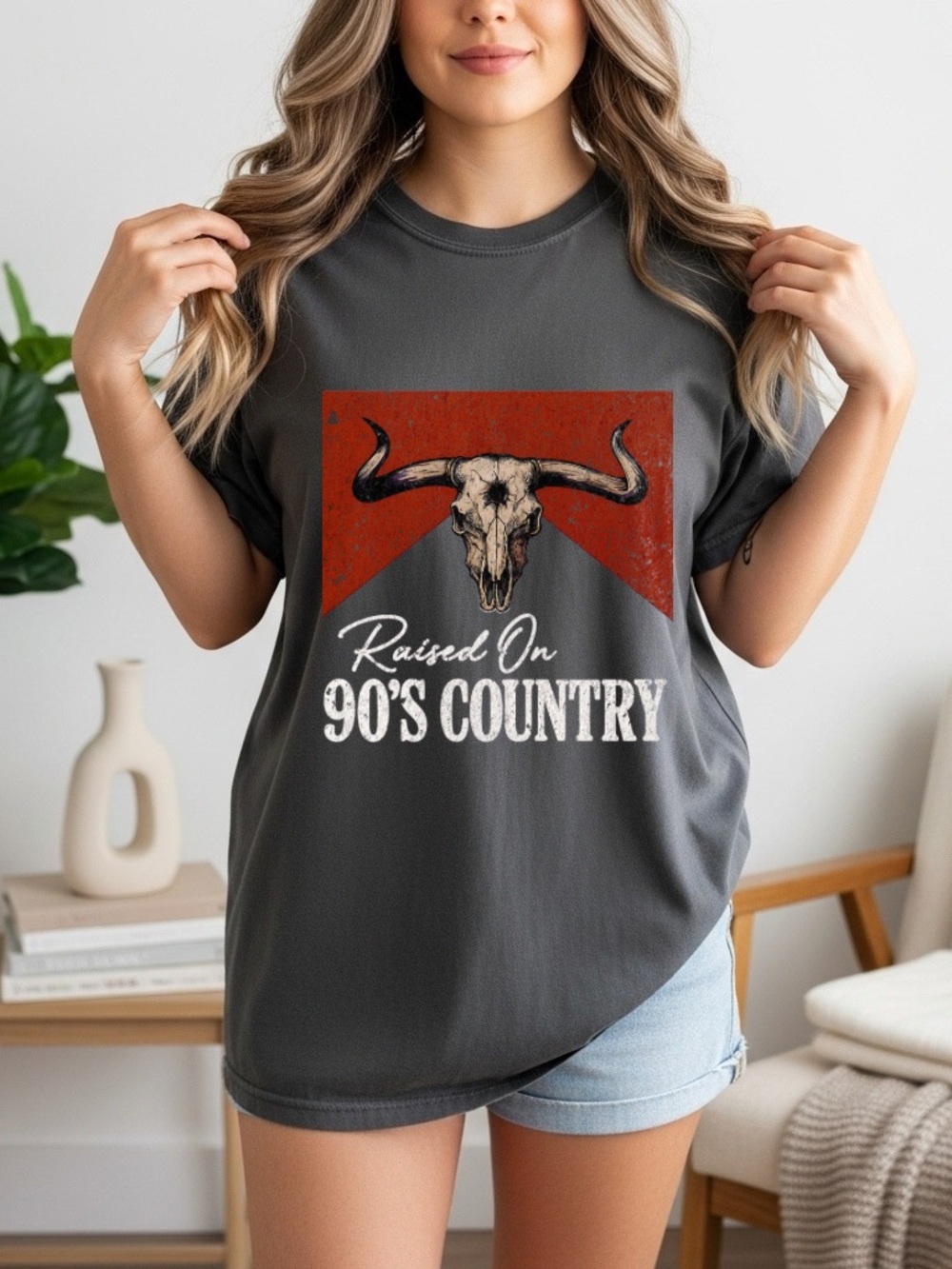 Comfort Colors Dark Gray 90's Country Skull Tee with Red Chevron